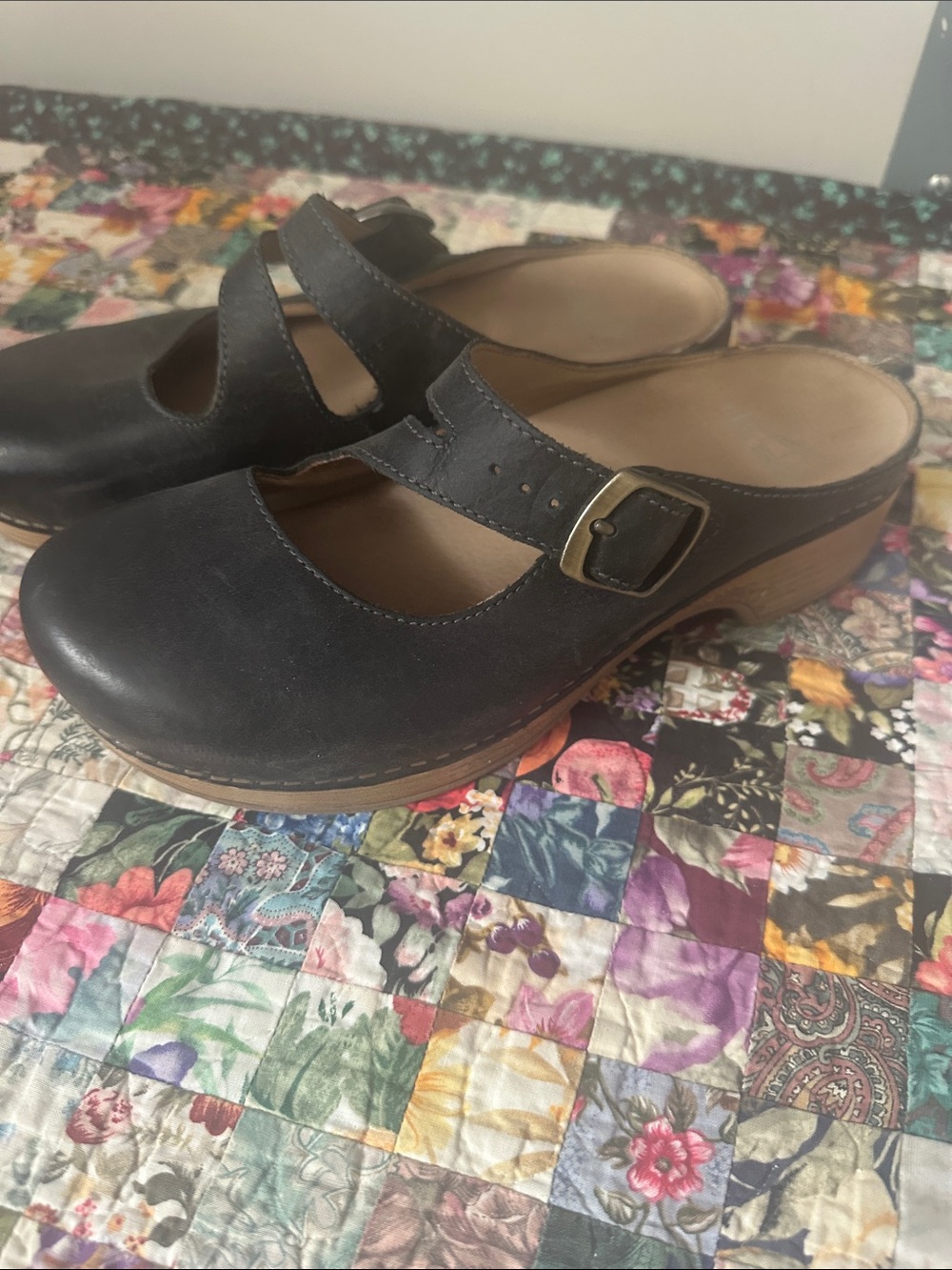 Dansko Black Leather Mary Jane Clog Mule with Buckle Strap